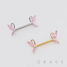 DELICATE BUTTERFLY ENDS ACCENTED WITH SPARKLING PINK CZ 316L SURGICAL STEEL NIPPLE RING